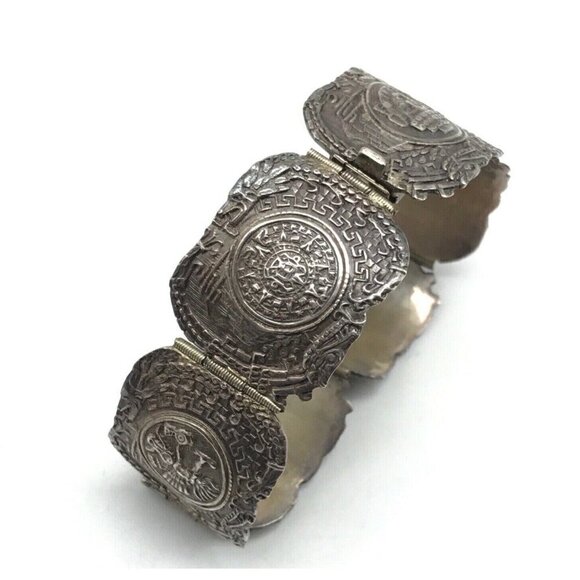 Vintage EME MEXICO 925 Sterling Silver Mayan Face Panel Link Bracelet 7" - Picture 1 of 12